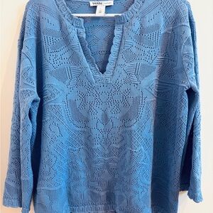 White House Black Market Blue Openwork V-Neck Sweater